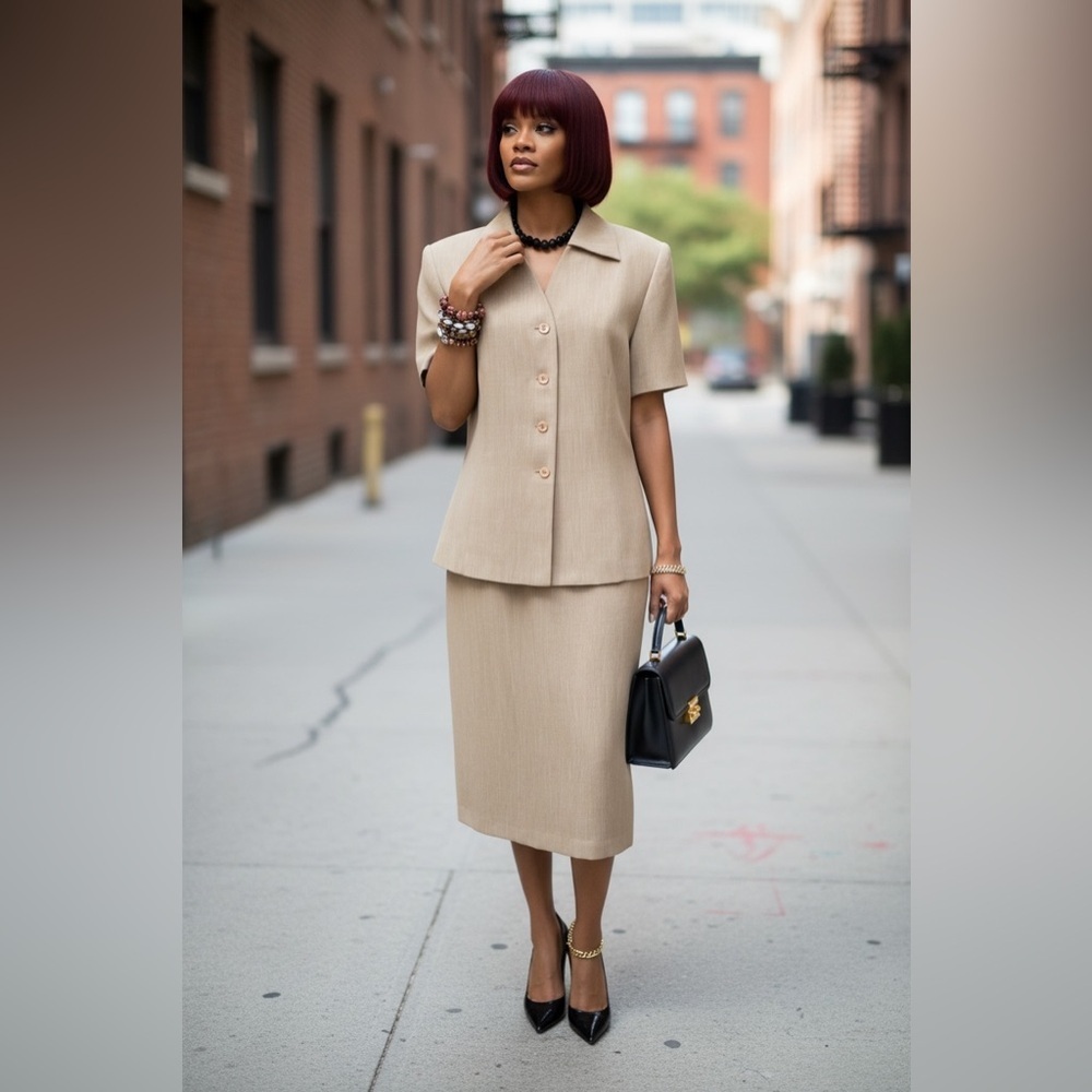 Kasper Classic Beige Skirt Set amazingly Stunning size 10 both pieces. Y2K☑️